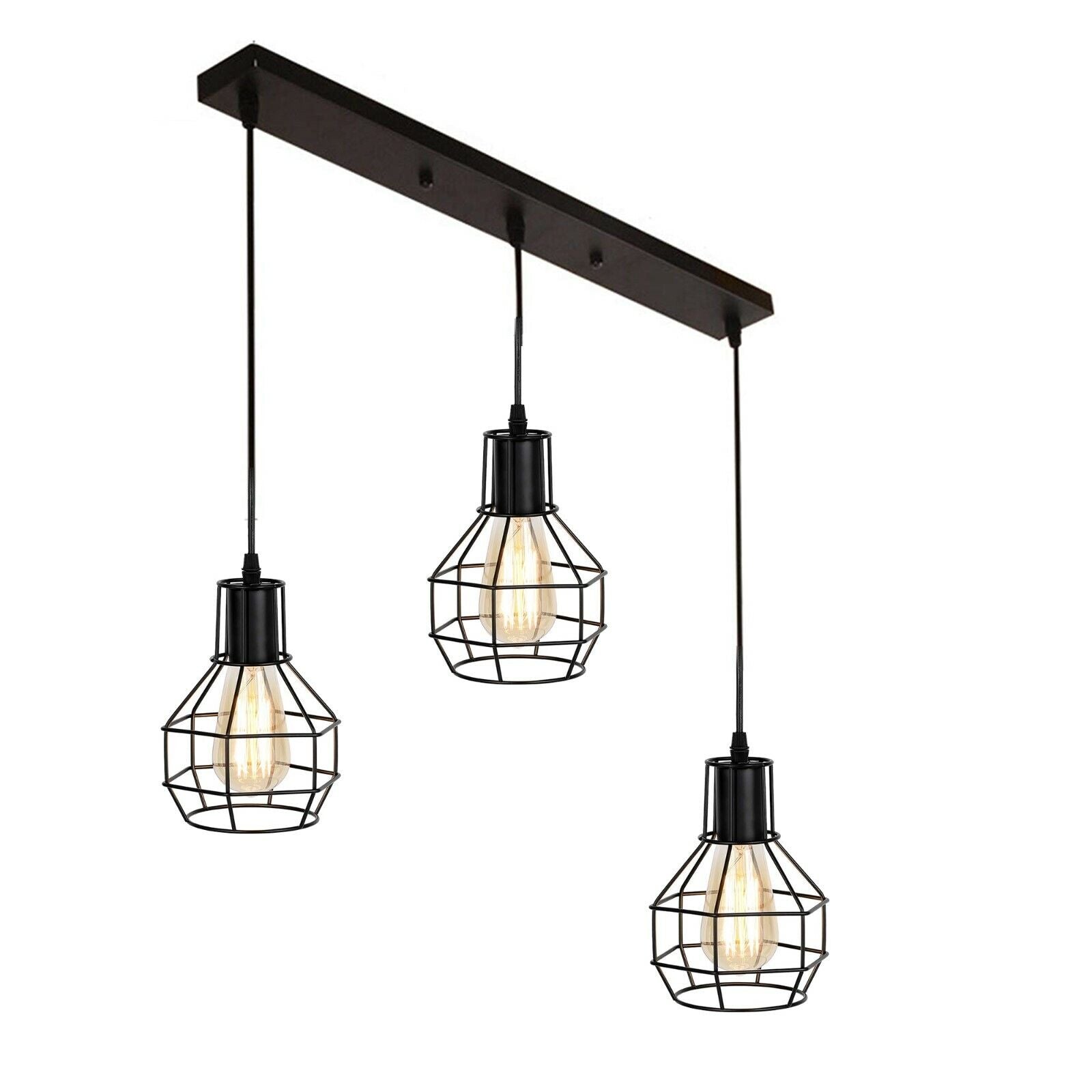 Vintage Industrial Retro Black 3-Light Ceiling Pendant Lamp with Metal Cages