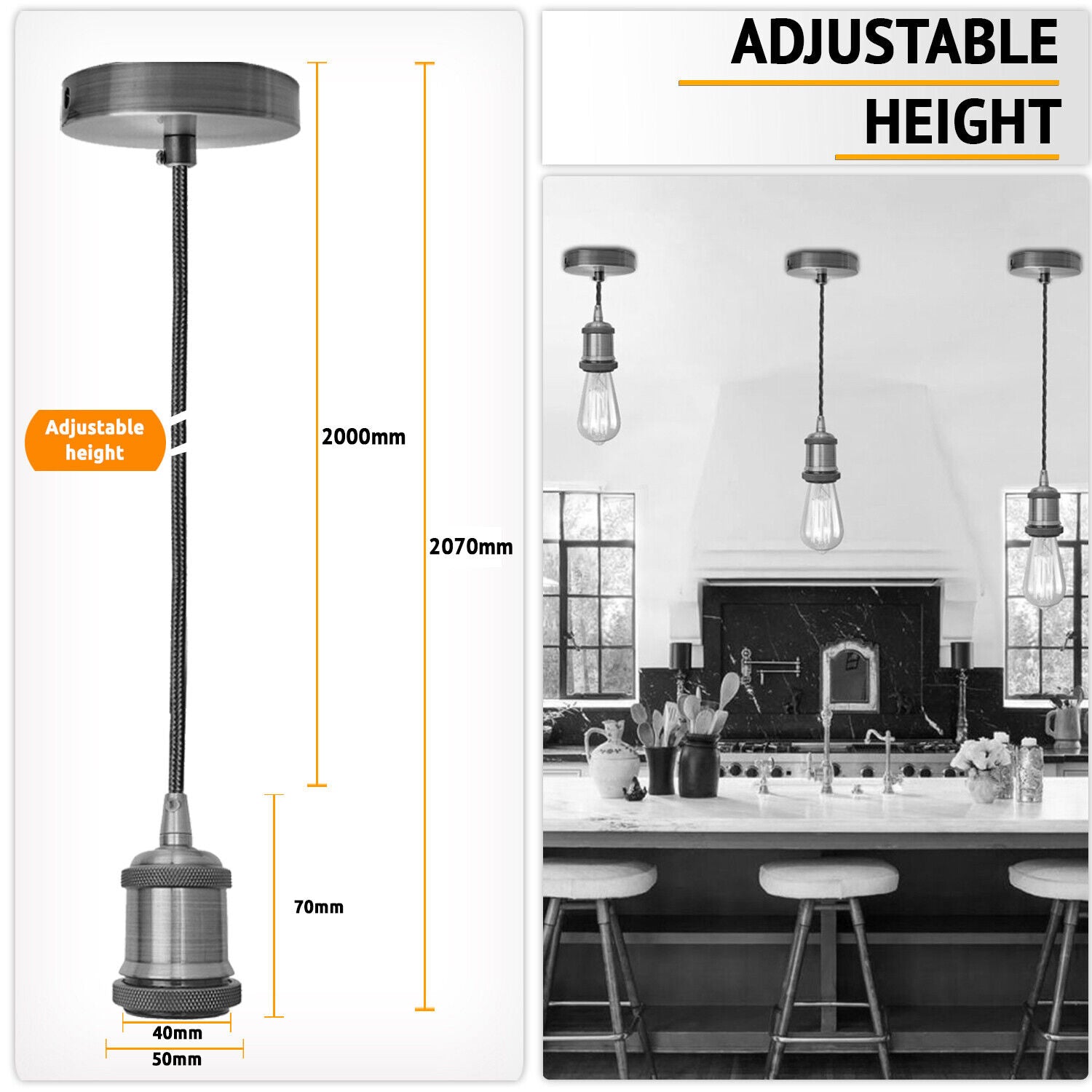 2 Meter Black Pendant Light Fitting E27 Holder Suspension Ceiling Rose Kit