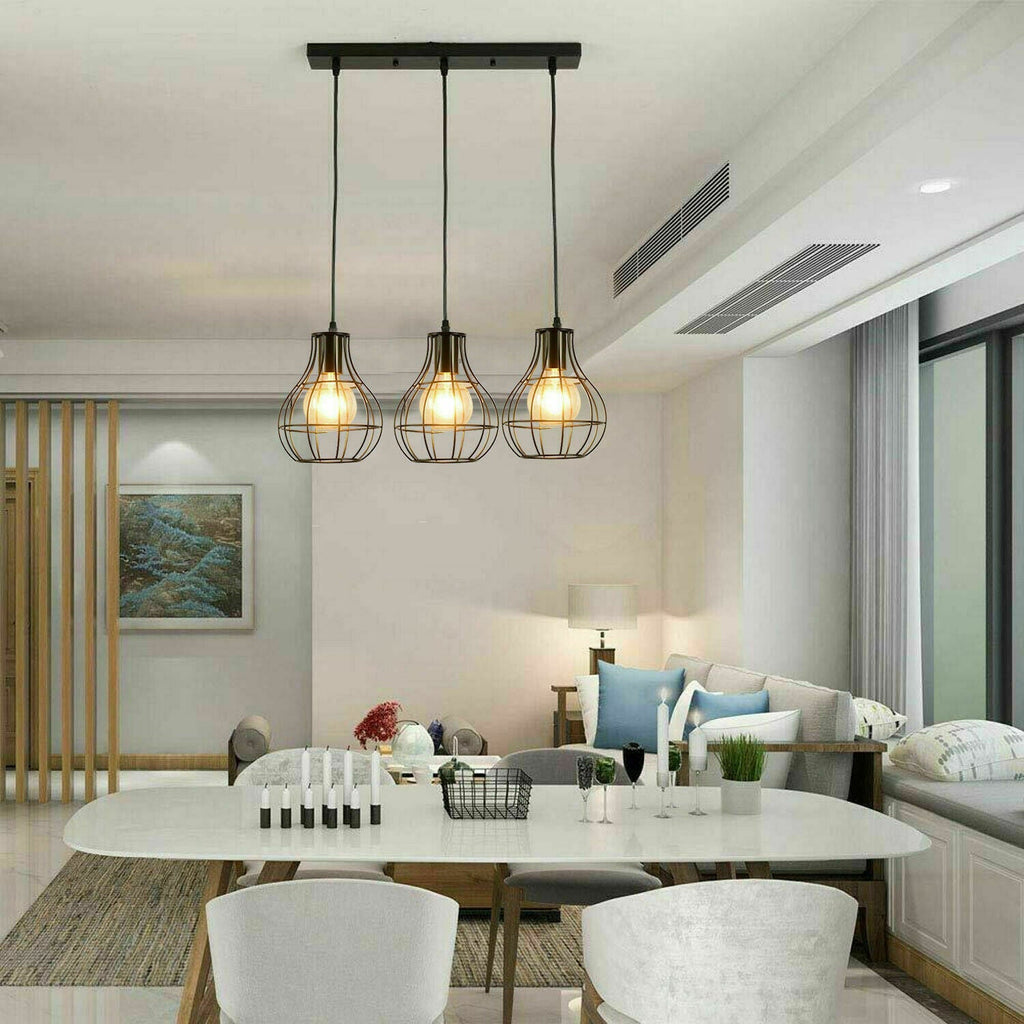 Black Industrial 3-Light Pendant Ceiling Fixture, Adjustable Metal Cage Design