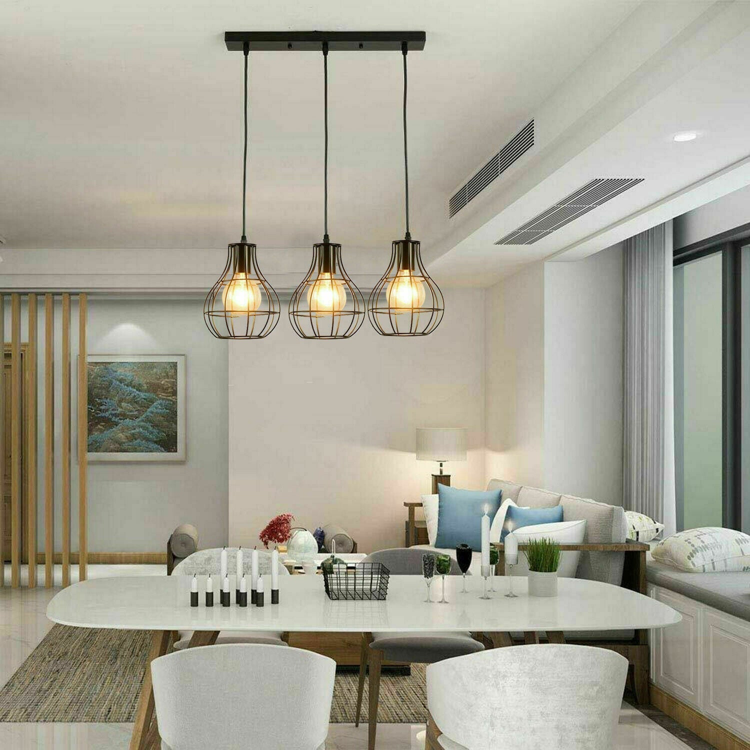Black Industrial 3-Light Pendant Ceiling Fixture, Adjustable Metal Cage Design