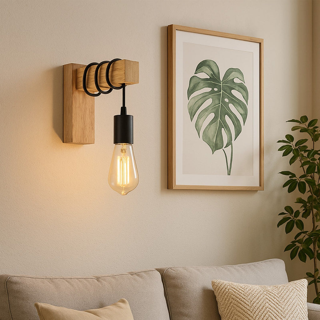 Vintage Industrial Wall Light Rustic Wood & Black Metal Sconce ~6247