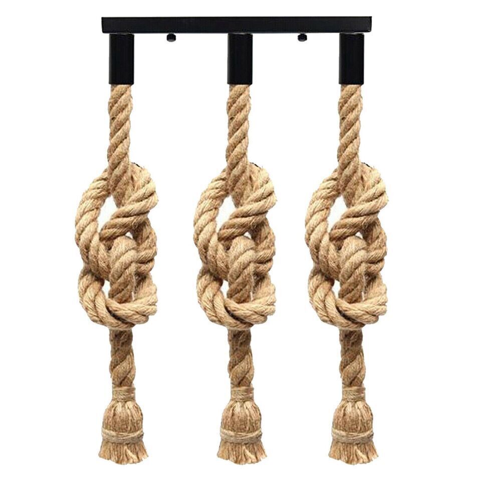 Rustic Industrial Hemp Rope 3-Head Cluster Pendant Light Fixture