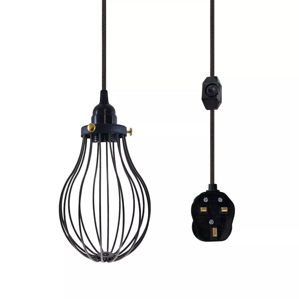 LEDSone E27 Dimmable Plug-in Pendant Light, 2M Fabric Cable & Cage