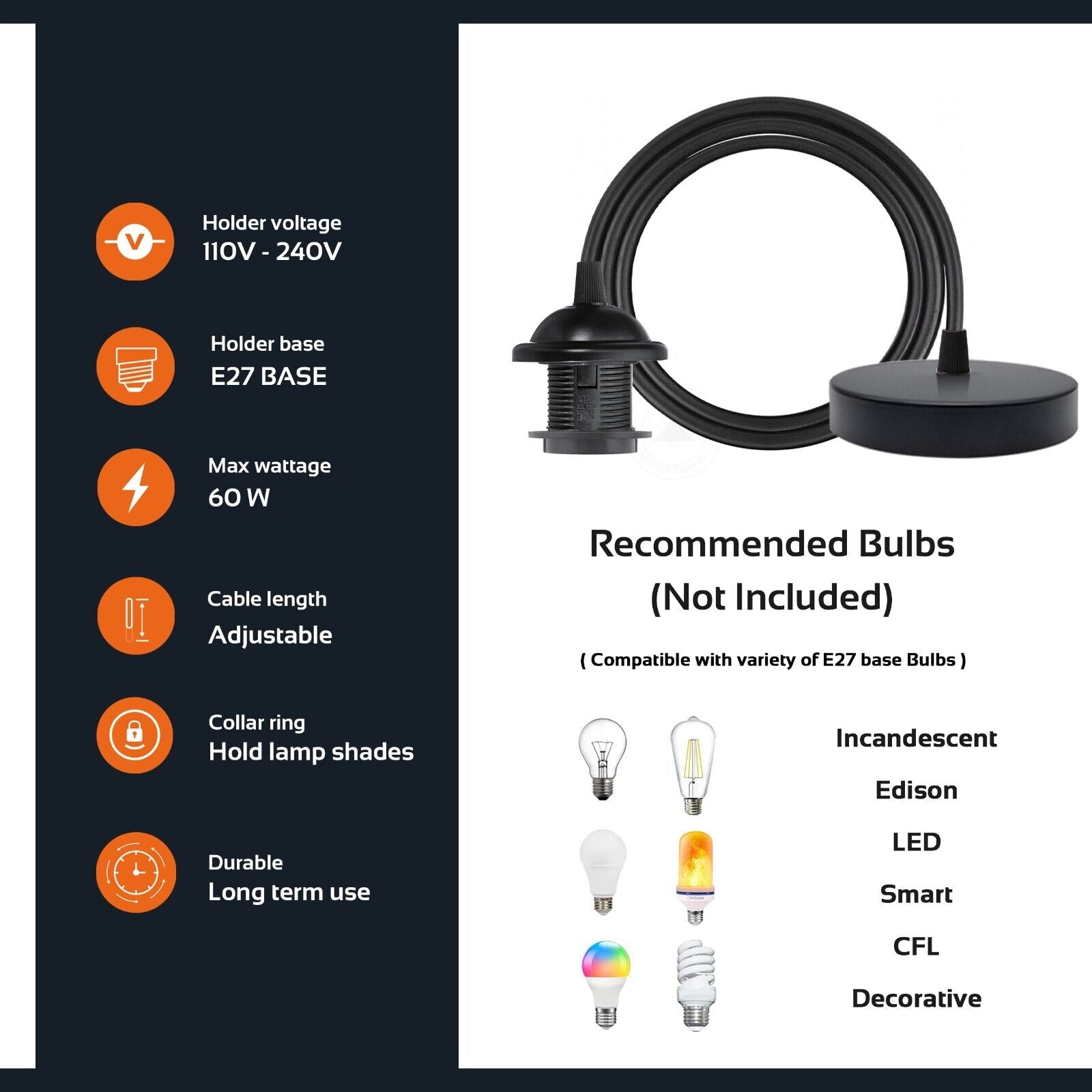 Industrial Metal E27 Adjustable Pendant Light Fixture~5659