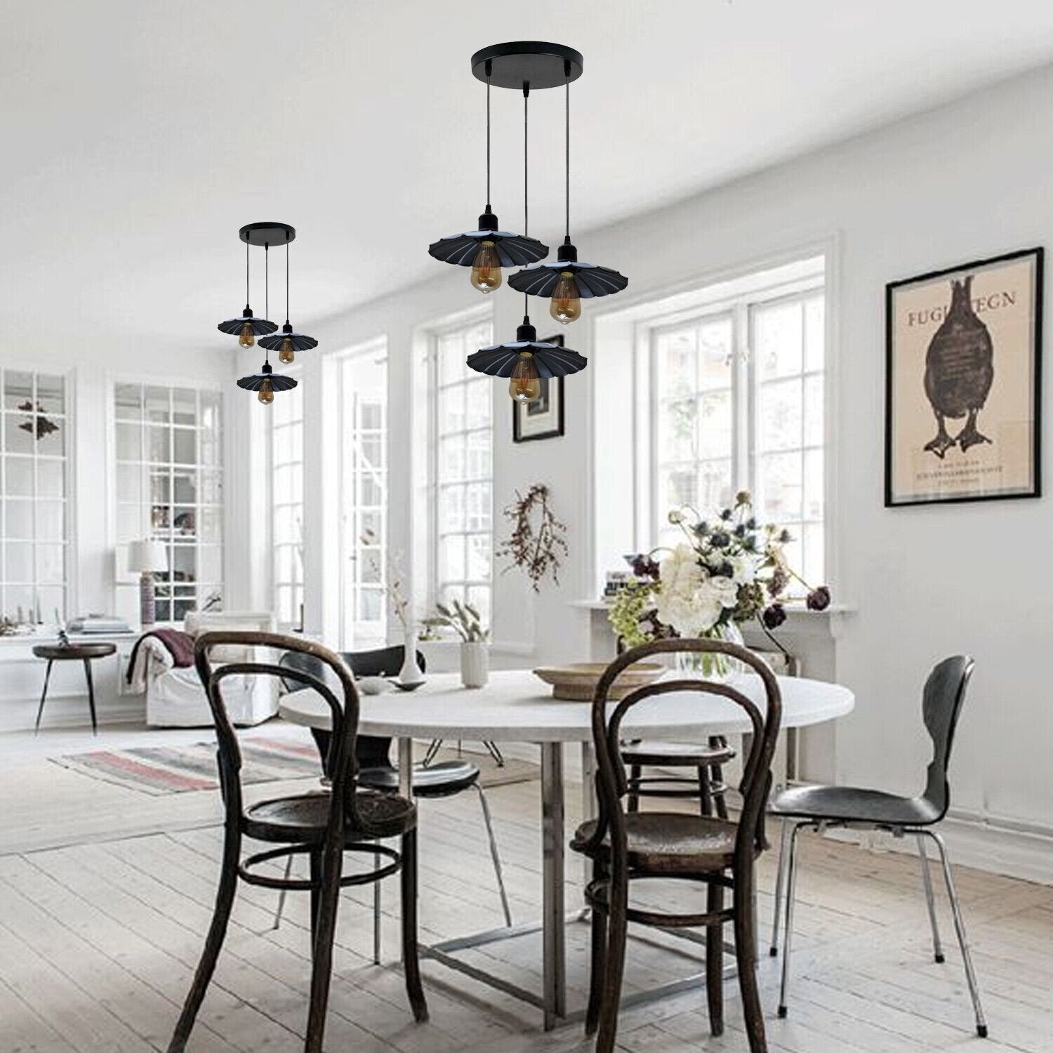 Vintage Industrial Black Metal 3-Head Pendant Light, Adjustable Ceiling Fixture