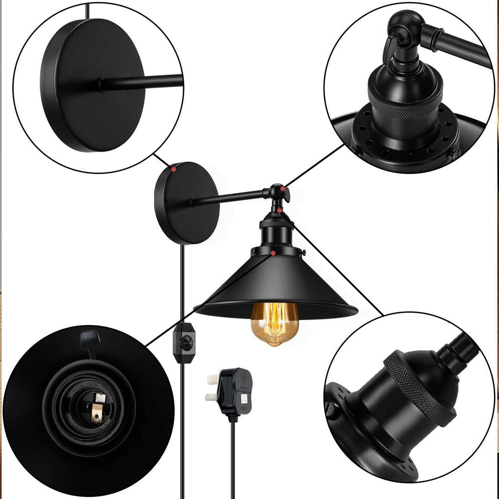 Industrial Black Metal Adjustable Arm Plug-in Wall Light with Cone Shade