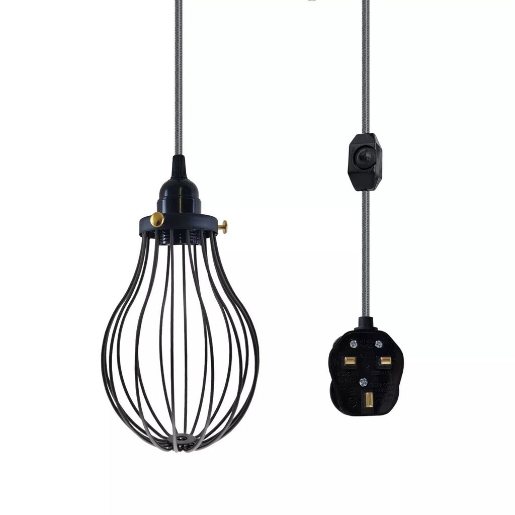 LEDSone E27 Dimmable Plug-in Pendant Light, 2M Fabric Cable & Cage