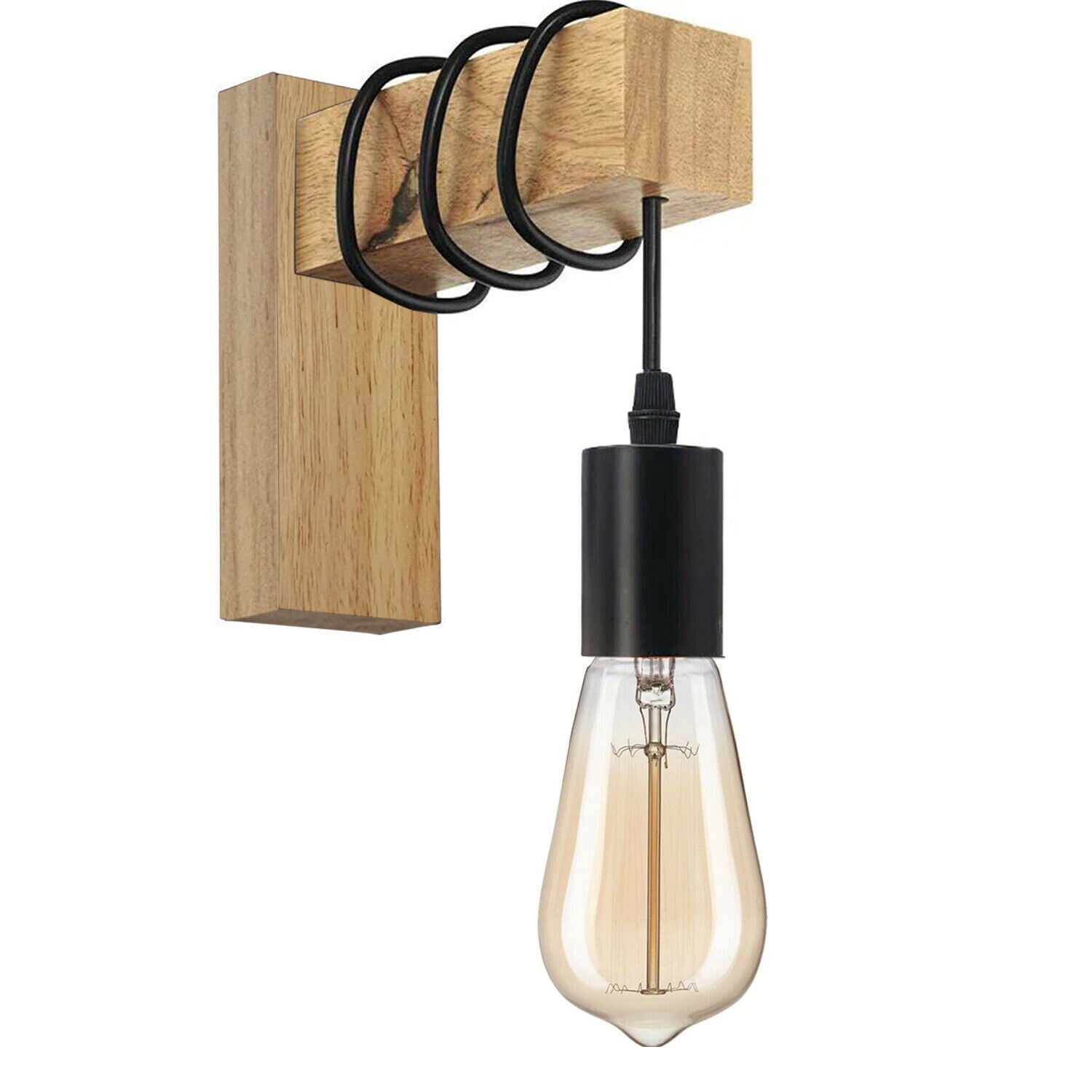 Vintage Industrial Wall Light Rustic Wood & Black Metal Sconce ~6247