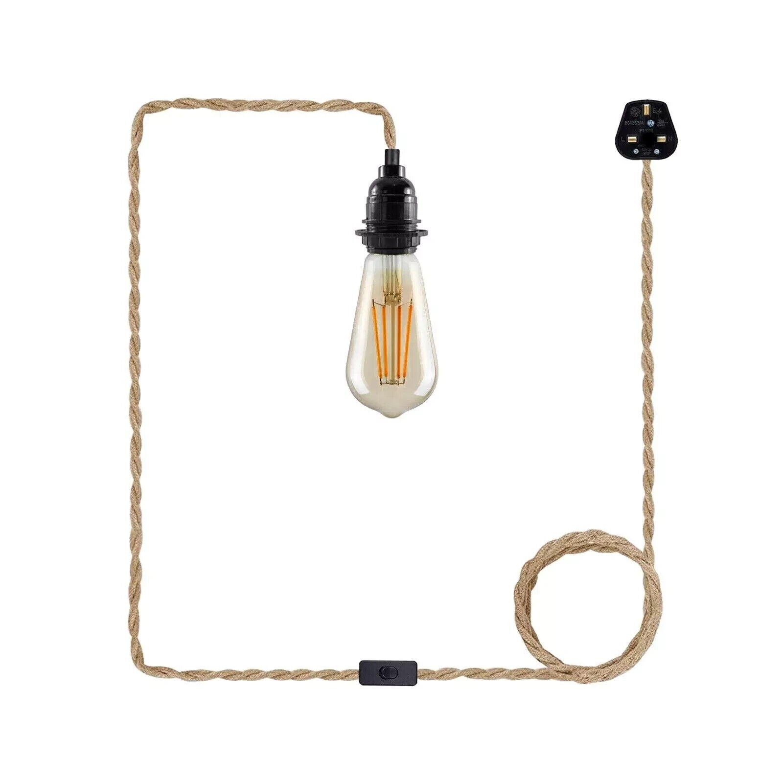 Twisted Hemp Rope Pendant Light Kit UK Plug, E27 Fitting ~6027