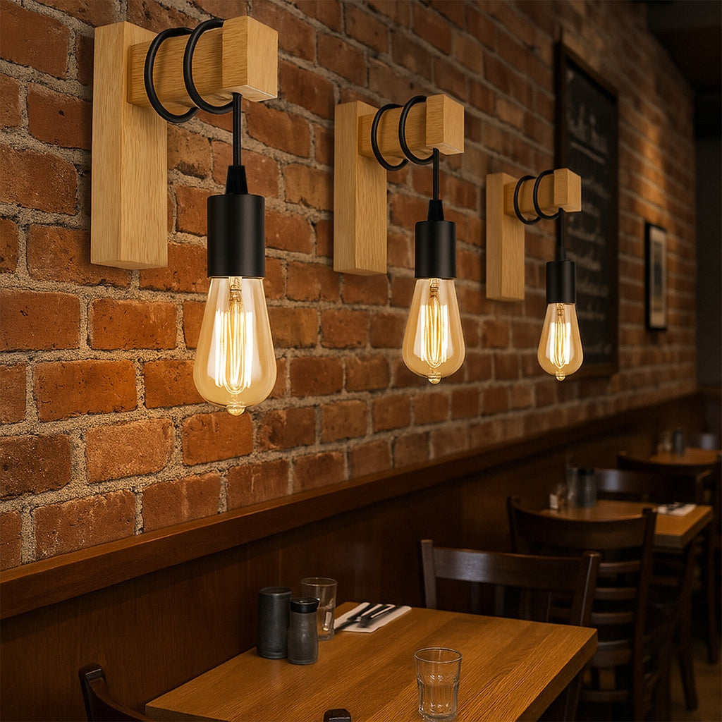 Vintage Industrial Wall Light Rustic Wood & Black Metal Sconce ~6247