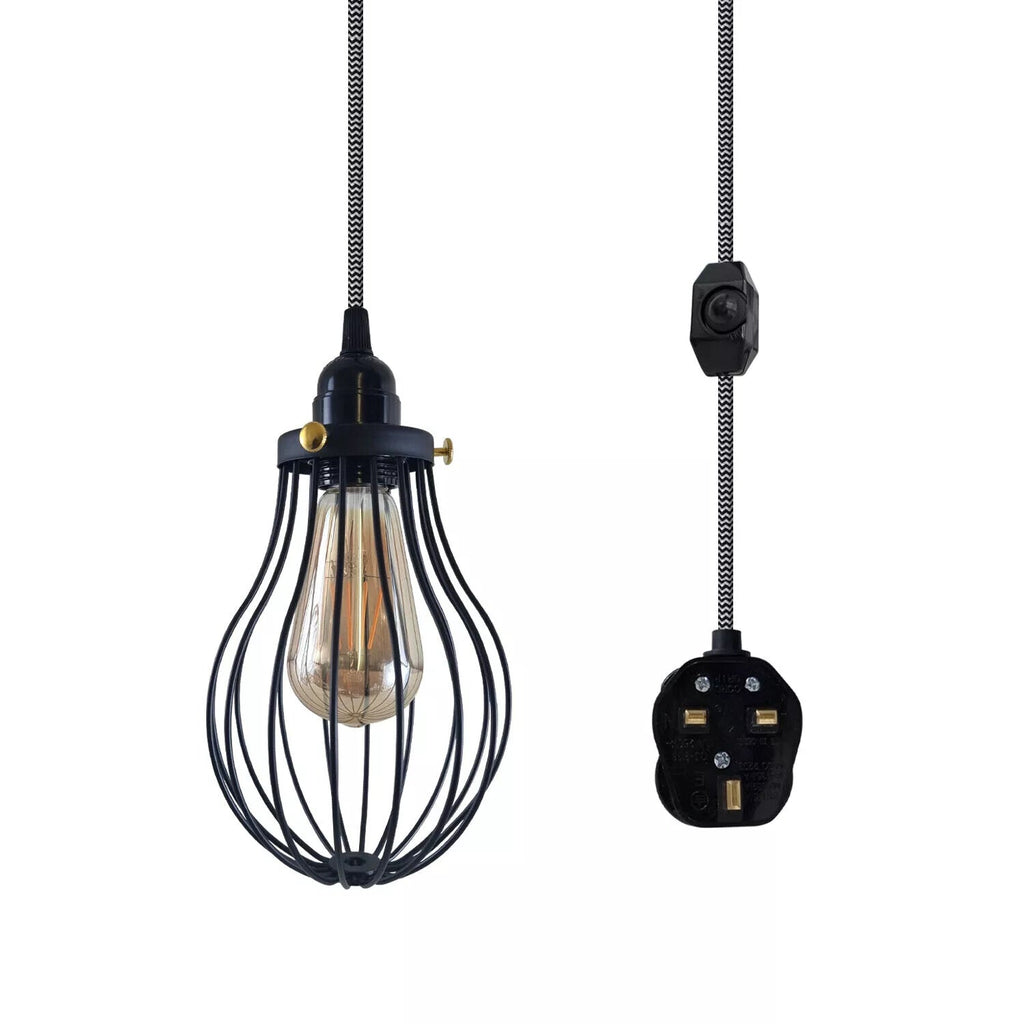 LEDSone E27 Dimmable Plug-in Pendant Light, 2M Fabric Cable & Cage