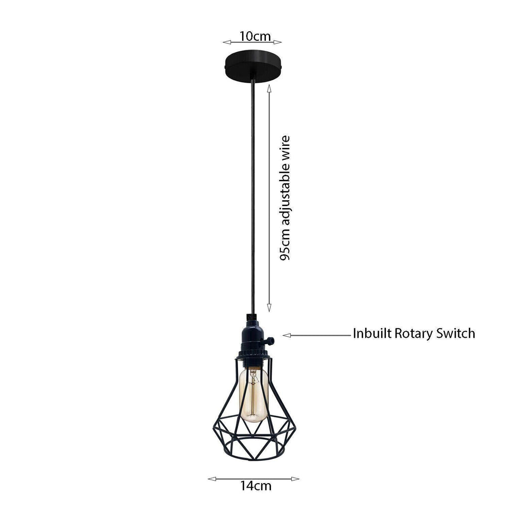 Vintage Industrial Black Metal Cage Pendant Light, Adjustable Cable, E27 Base