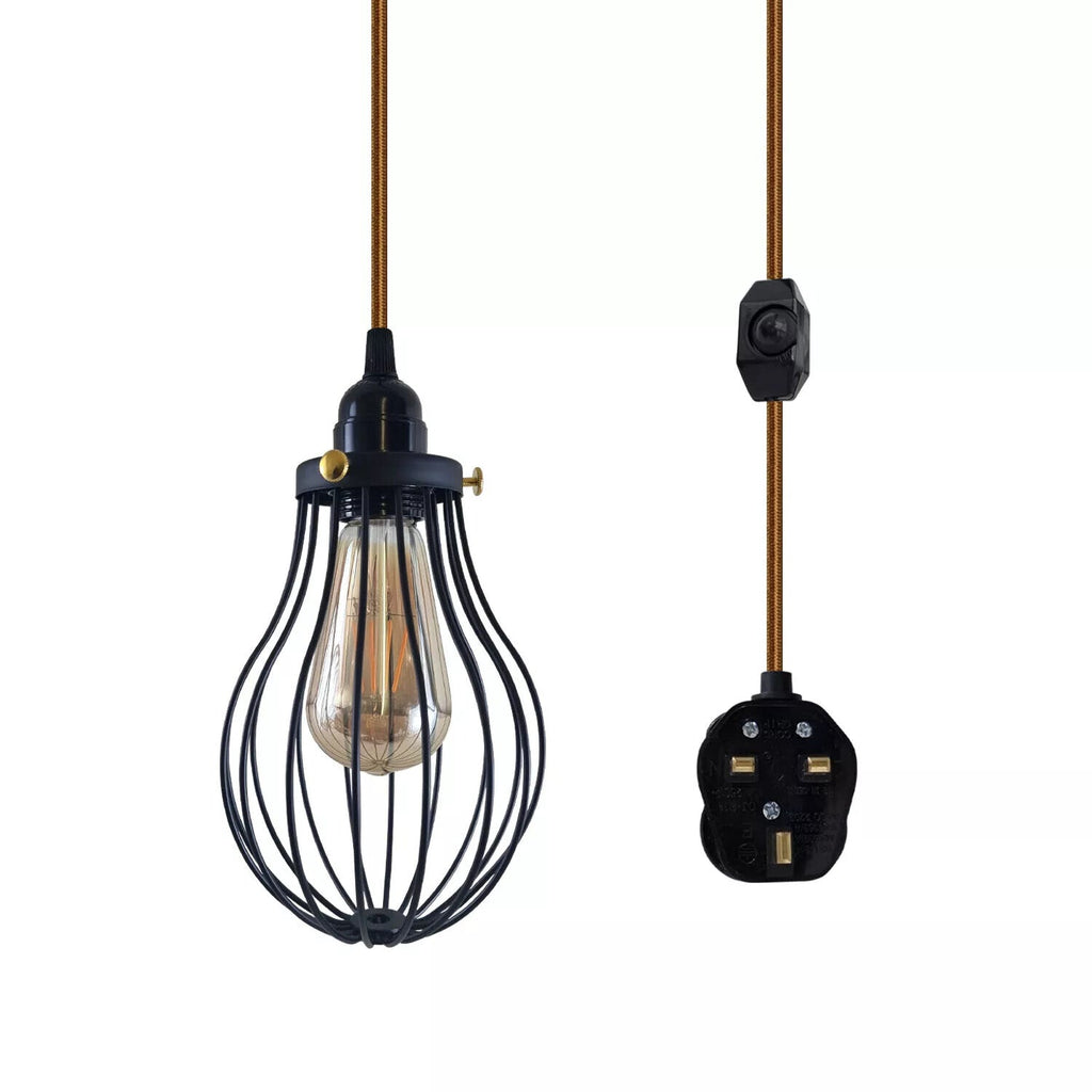 LEDSone E27 Dimmable Plug-in Pendant Light, 2M Fabric Cable & Cage