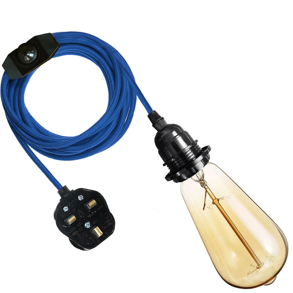 Vintage E27 Dimmable Fabric Plug-in Pendant Light Holder with Free Bulb