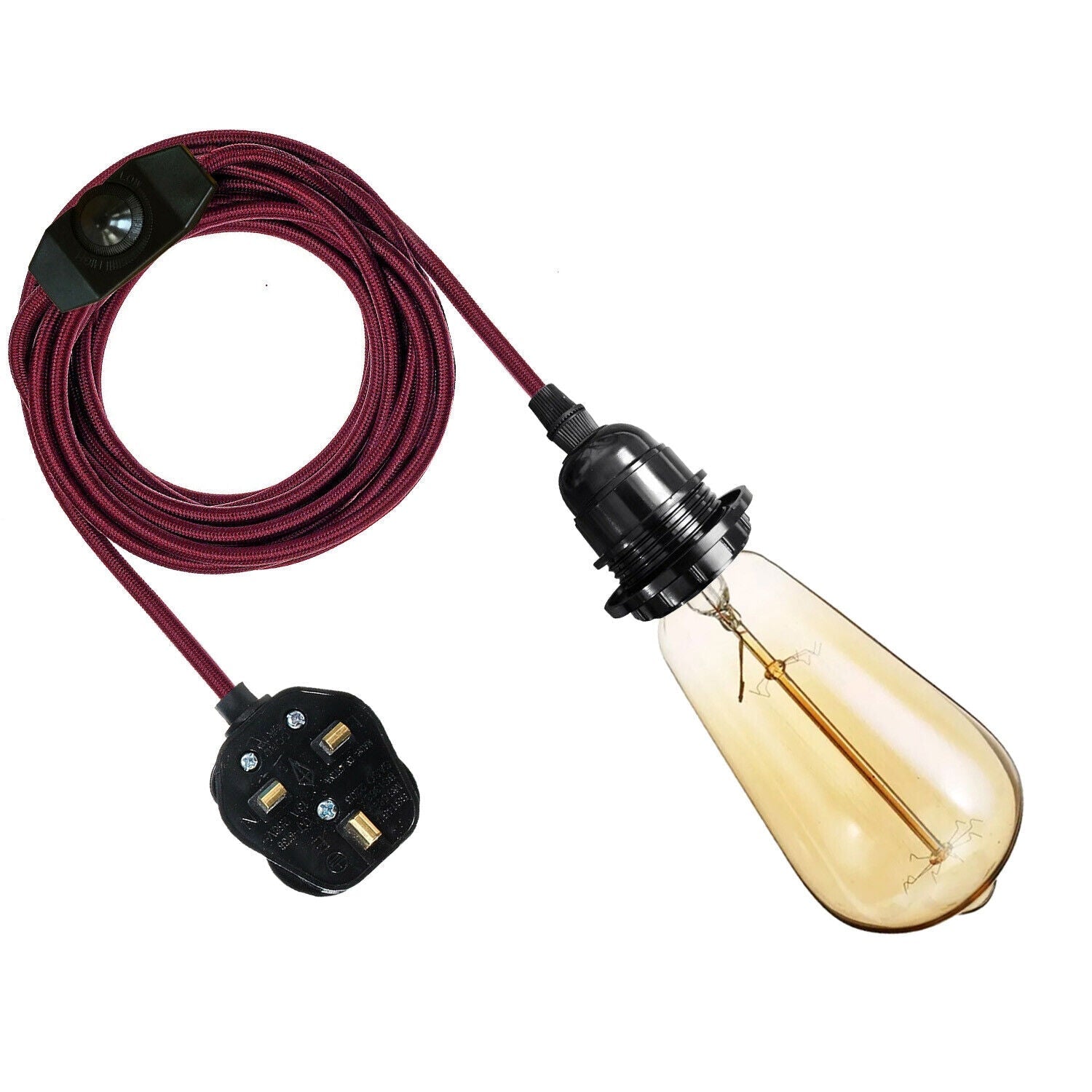 4M Fabric Flex Plug-In Pendant Light, E27 Bulb Holder, Dimmer Switch