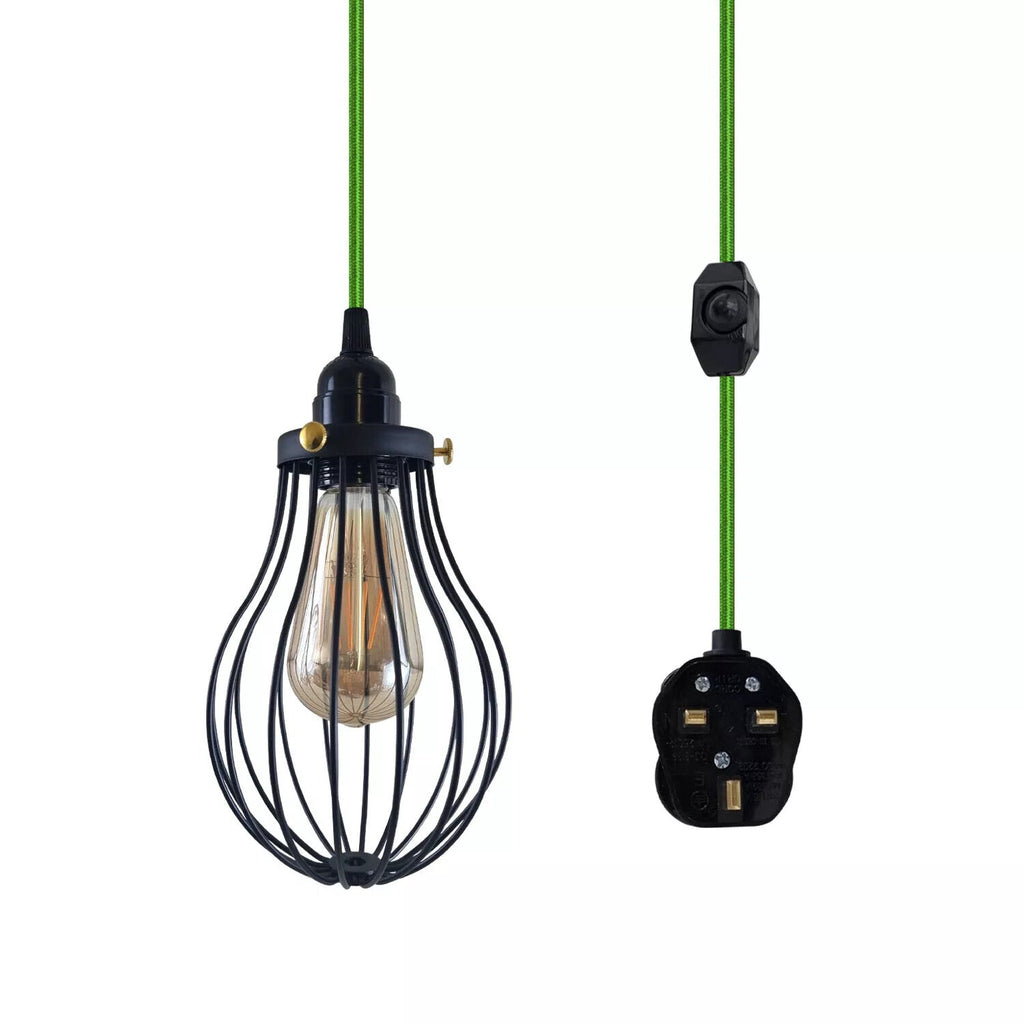 LEDSone E27 Dimmable Plug-in Pendant Light, 2M Fabric Cable & Cage