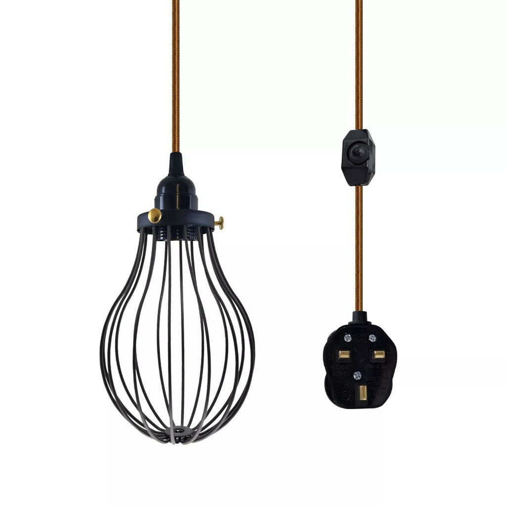 LEDSone E27 Dimmable Plug-in Pendant Light, 2M Fabric Cable & Cage