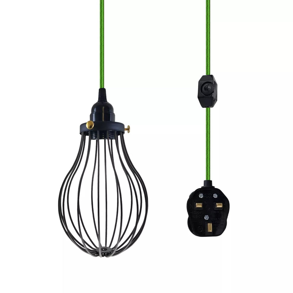 LEDSone E27 Dimmable Plug-in Pendant Light, 2M Fabric Cable & Cage