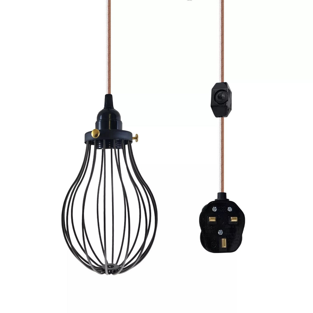 LEDSone E27 Dimmable Plug-in Pendant Light, 2M Fabric Cable & Cage