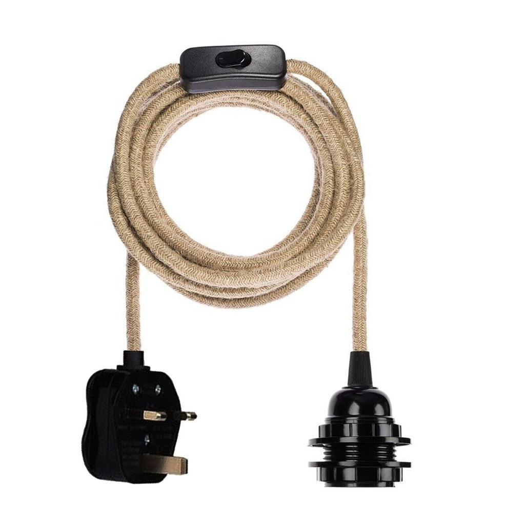 Round Hemp Fabric E27 Pendant Light Kit UK Plug with On/Off Switch