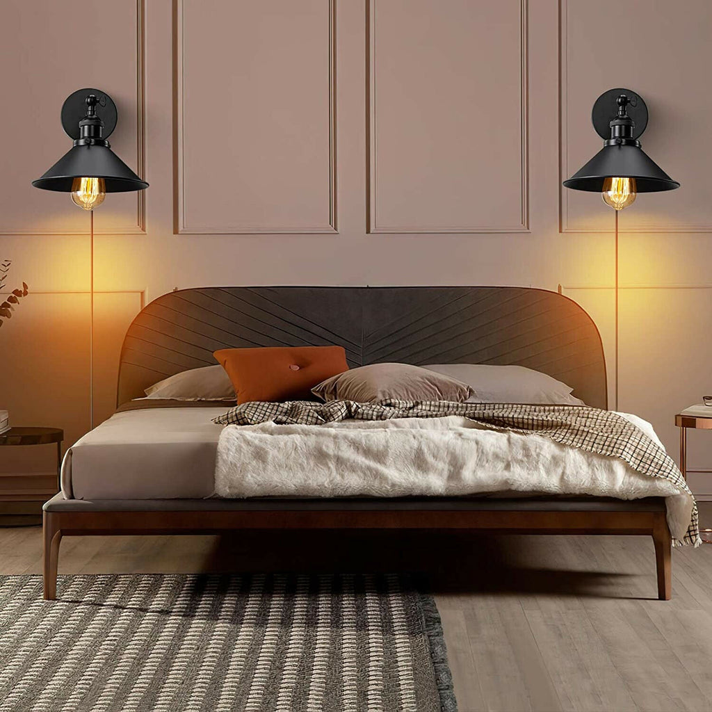 Industrial Black Metal Adjustable Arm Plug-in Wall Light with Cone Shade