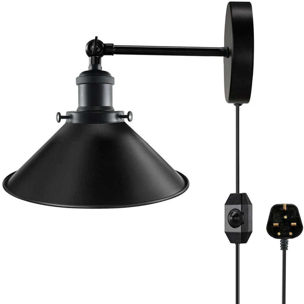 Industrial Black Metal Adjustable Arm Plug-in Wall Light with Cone Shade