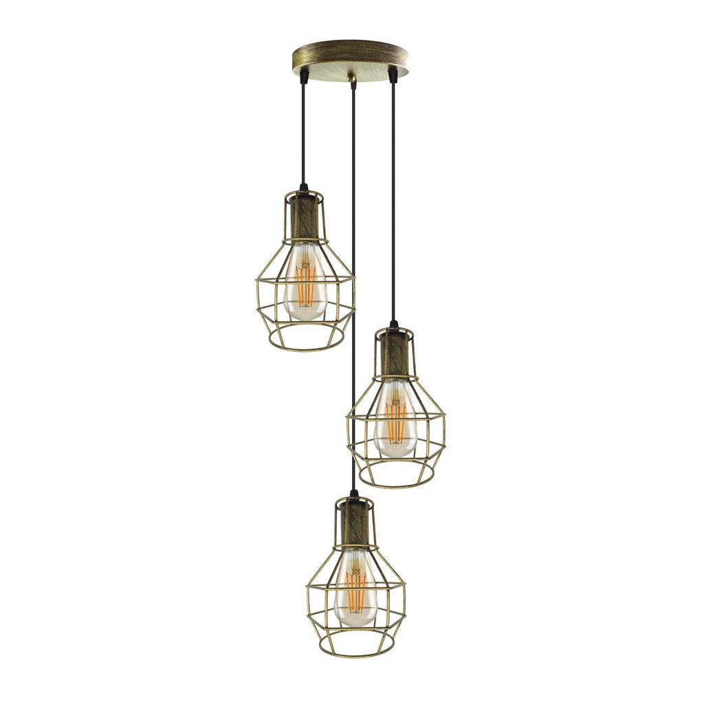 Antique Brass 3-Light Ceiling Pendant with Bird Nest Wire Cages