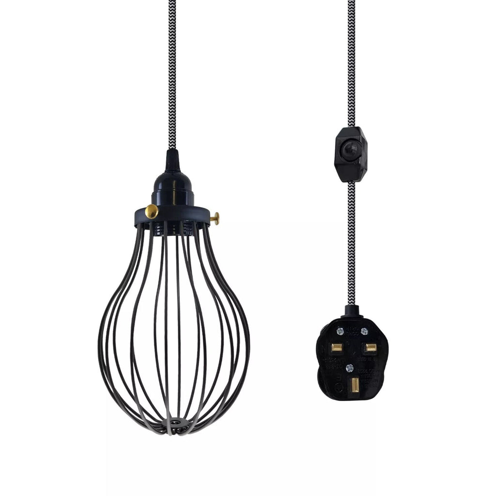 LEDSone E27 Dimmable Plug-in Pendant Light, 2M Fabric Cable & Cage