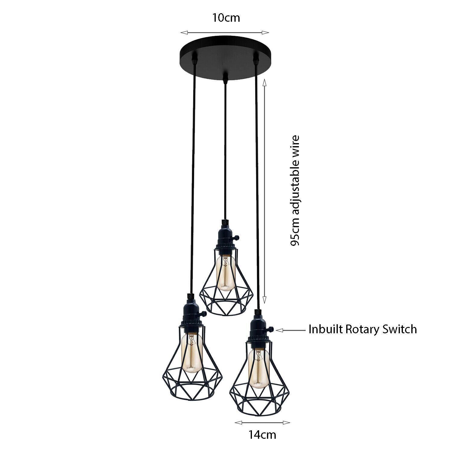 Vintage Industrial Black Metal Cage Pendant Light, Adjustable Cable, E27 Base