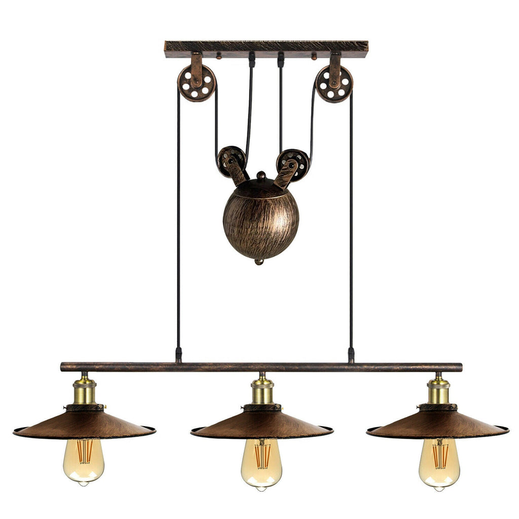 Vintage Industrial 3 Light Brushed Copper Pulley Pendant Ceiling Fixture