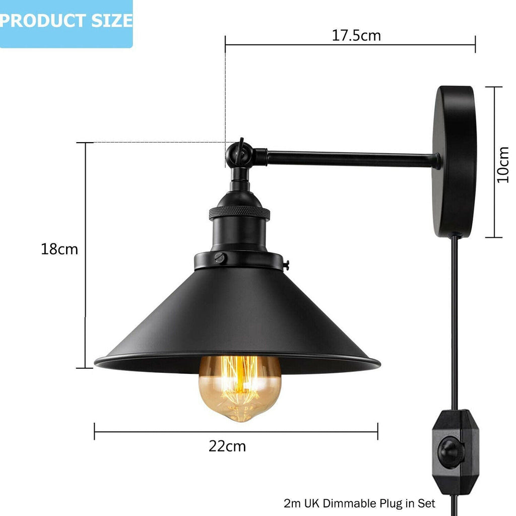 Industrial Black Metal Adjustable Arm Plug-in Wall Light with Cone Shade