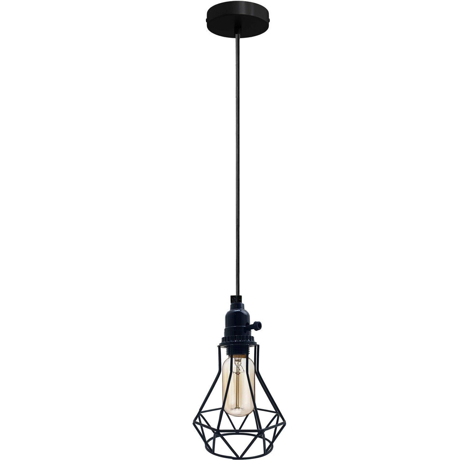 Vintage Industrial Black Metal Cage Pendant Light, Adjustable Cable, E27 Base