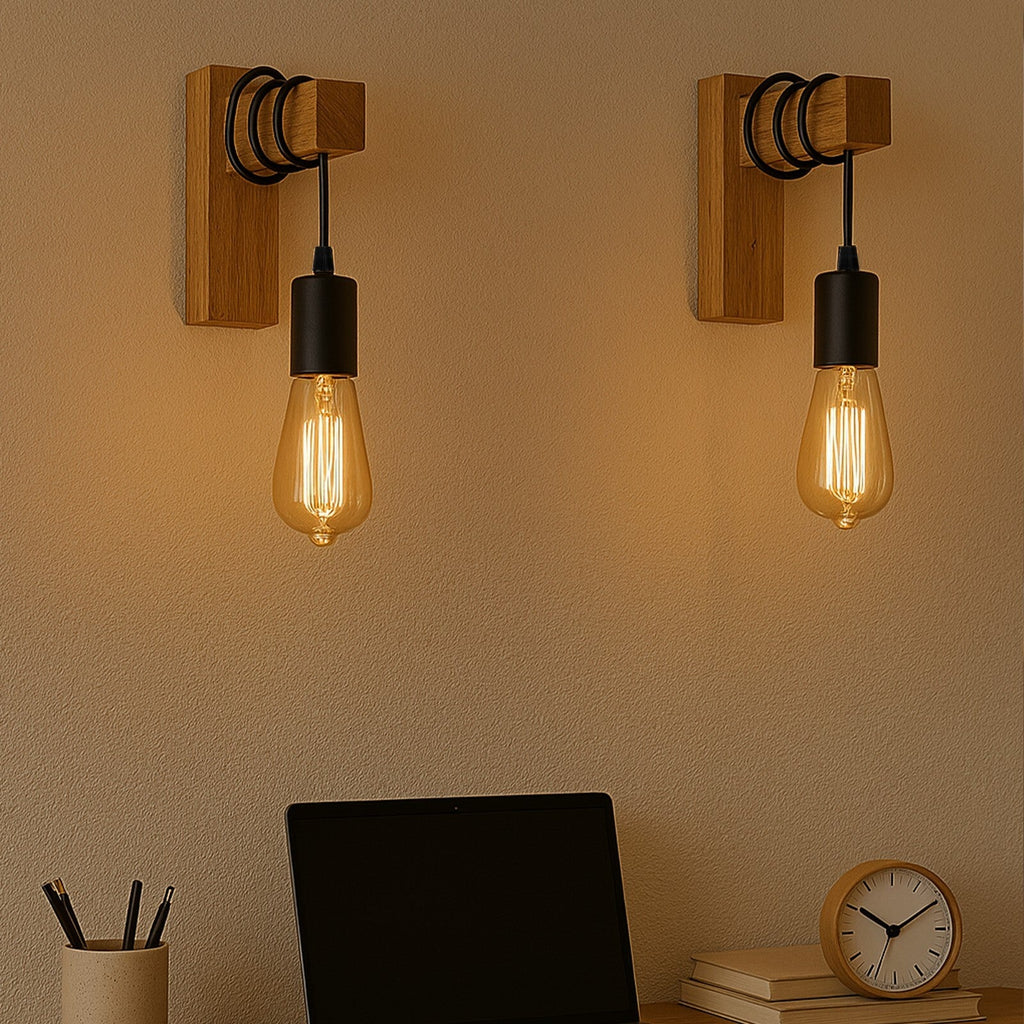 Vintage Industrial Wall Light Rustic Wood & Black Metal Sconce ~6247