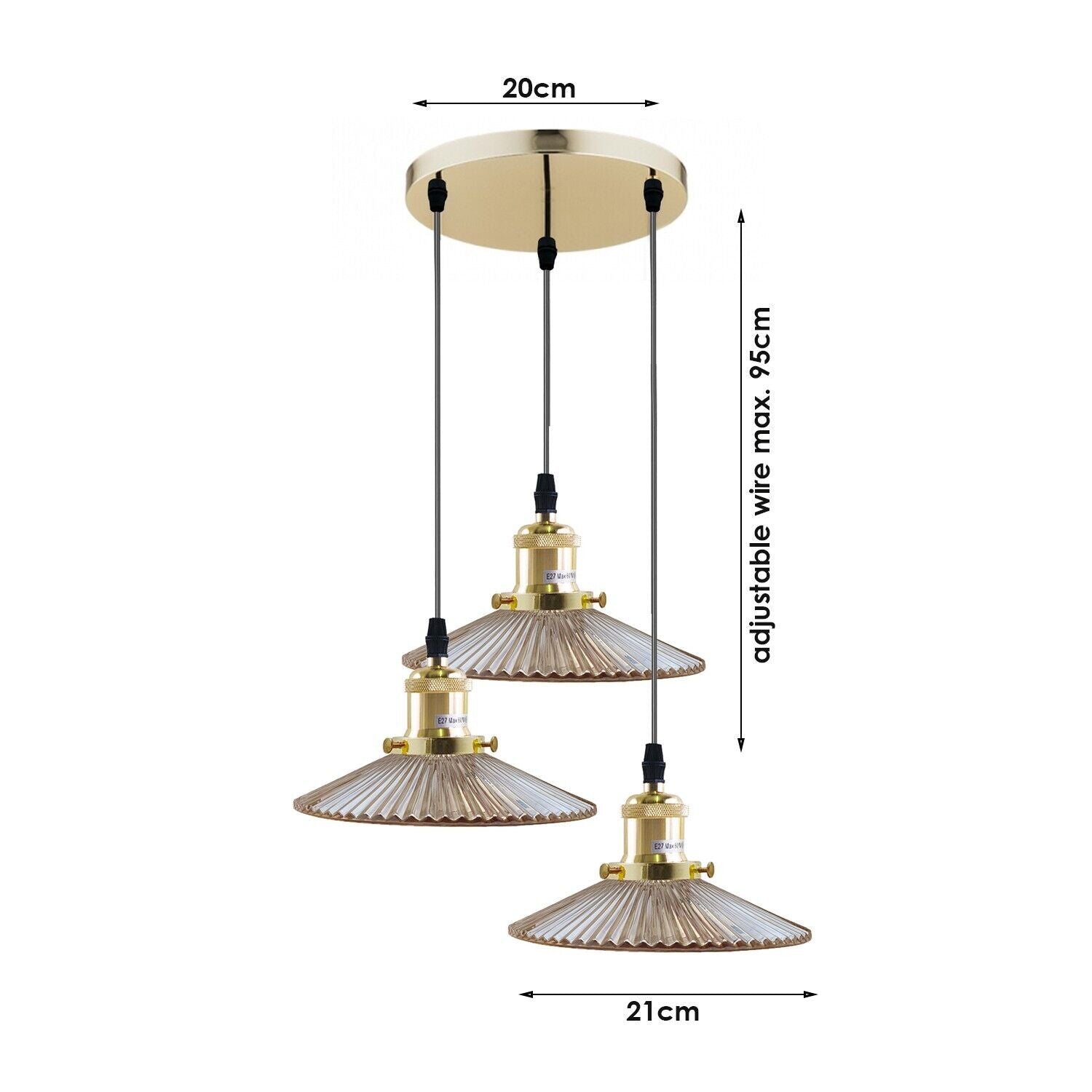 Vintage Industrial Amber Glass 3-Way Ceiling Pendant Light Fixture