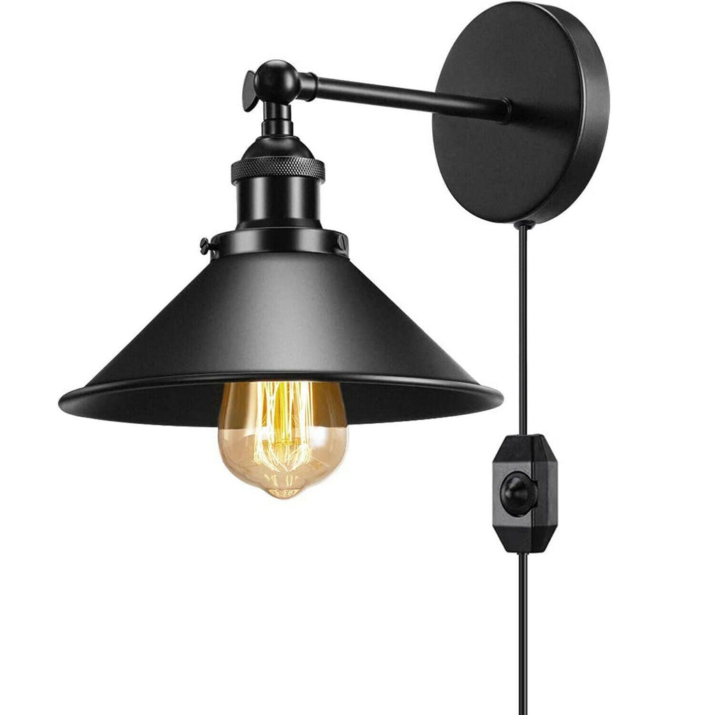 Industrial Black Metal Adjustable Arm Plug-in Wall Light with Cone Shade