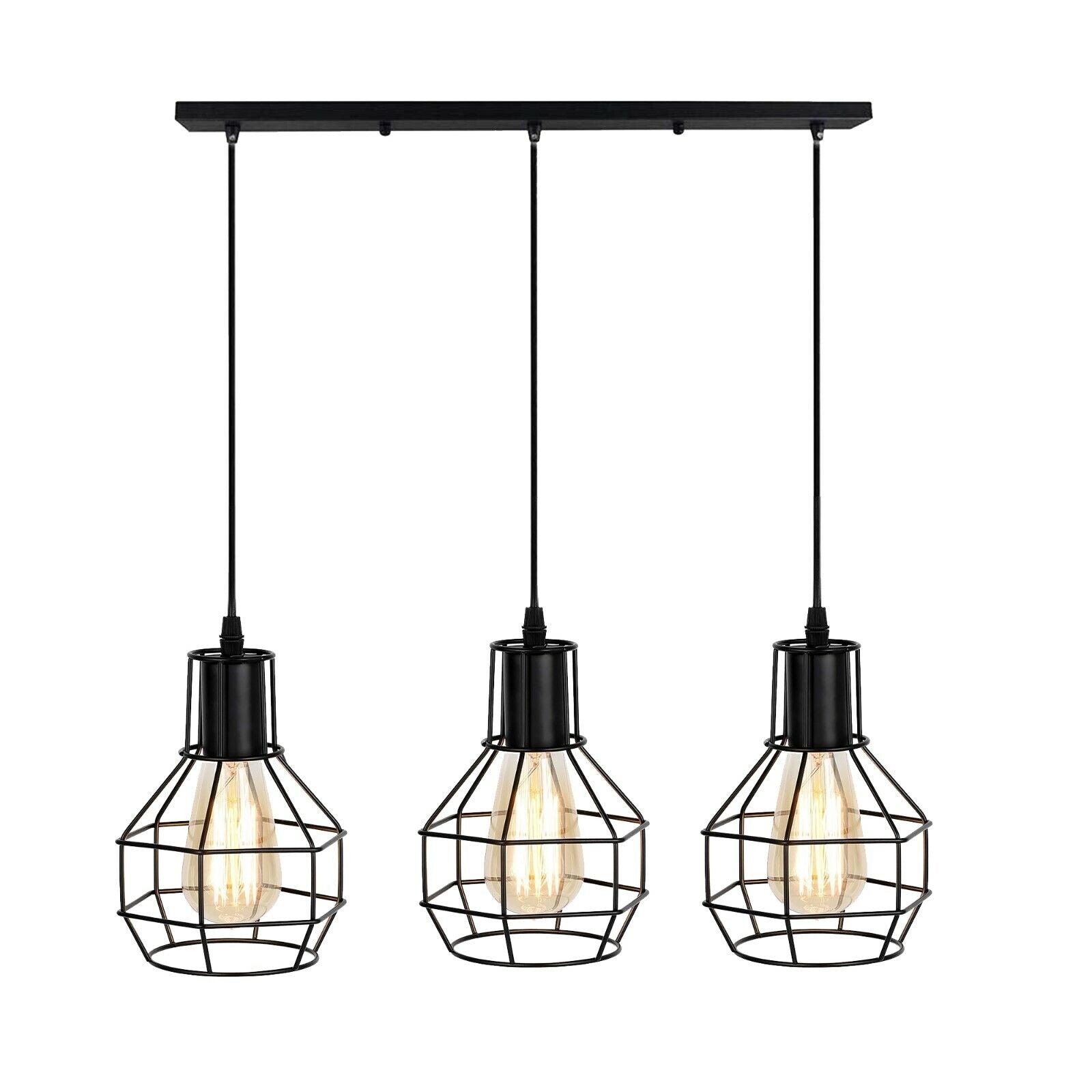 Vintage Industrial Retro Black 3-Light Ceiling Pendant Lamp with Metal Cages