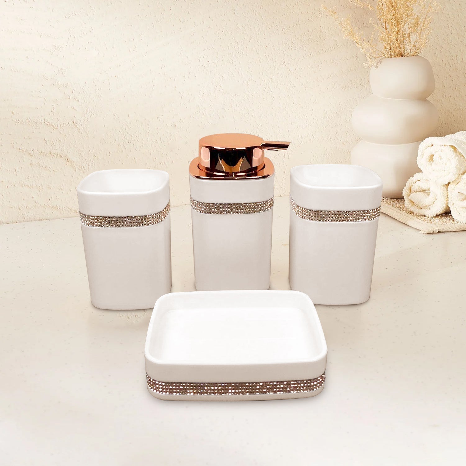 4-Piece Modern Polypropylene Bathroom Accessory Set: Lotion, Tumbler, Toothbrush Holder, Soap Dish