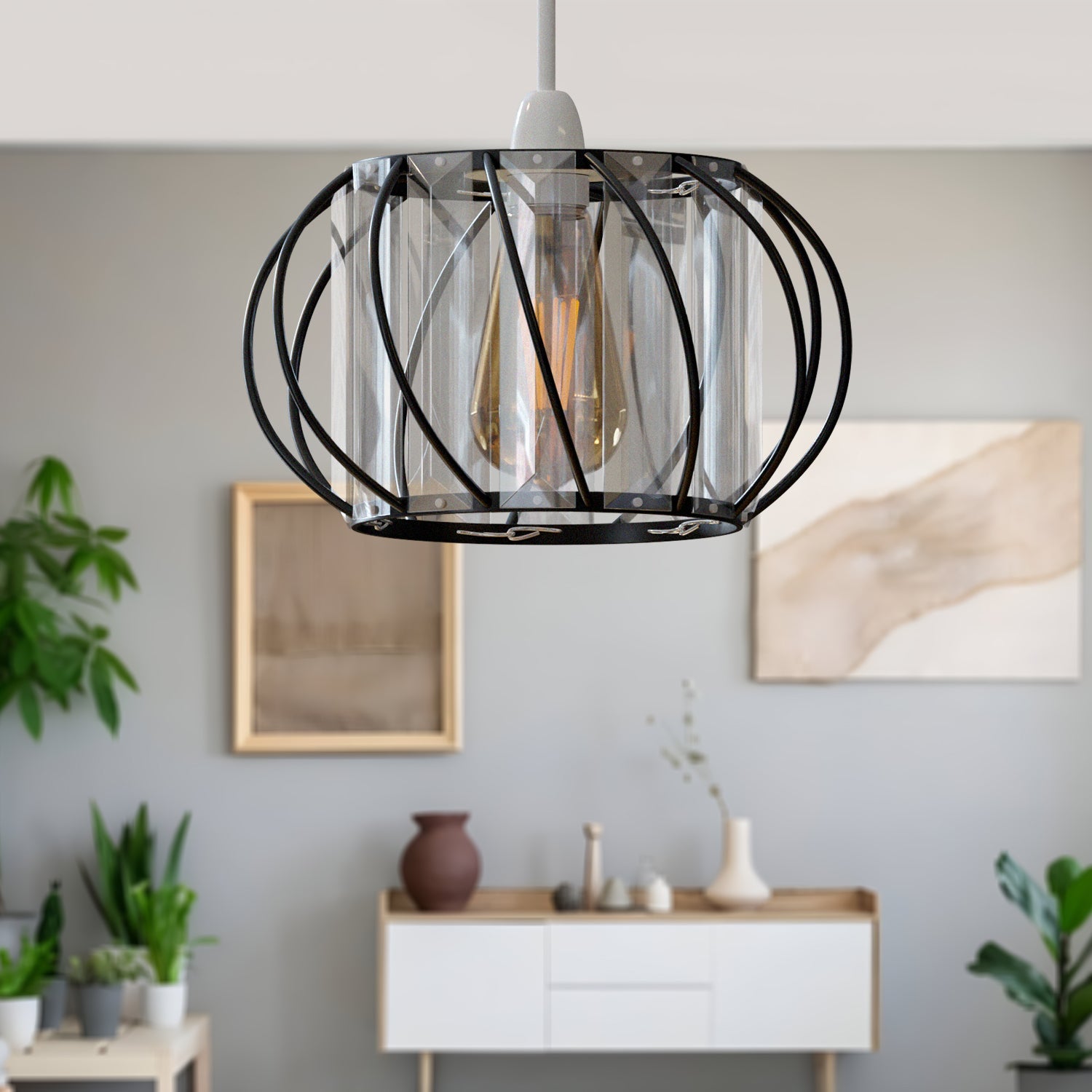 Elegant Modern Crystal Glass & Metal Cage Ceiling Pendant Light Shade