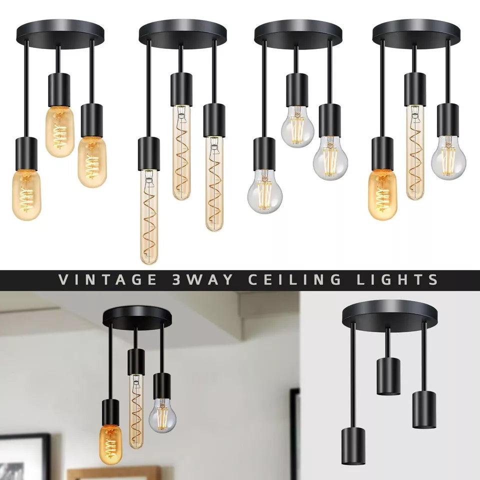 Modern 3-Way Black Metal Flush Mount Ceiling Light Fixture with E27 Sockets