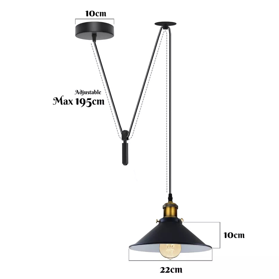 Vintage Industrial Metal Cone Shade Pendant Light with Adjustable Pulley System Cord