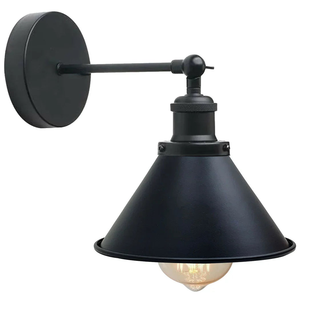 Industrial Black Cone Wall Lamp E27 Holder Adjustable Swing Arm Design