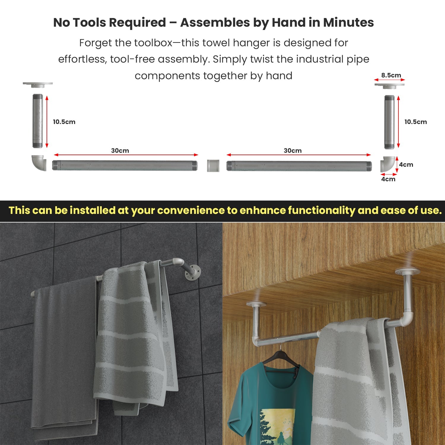 Pipe Towel Bar Wall Mounted Industrial Towel Holder for Bathroom Hanger ~6054