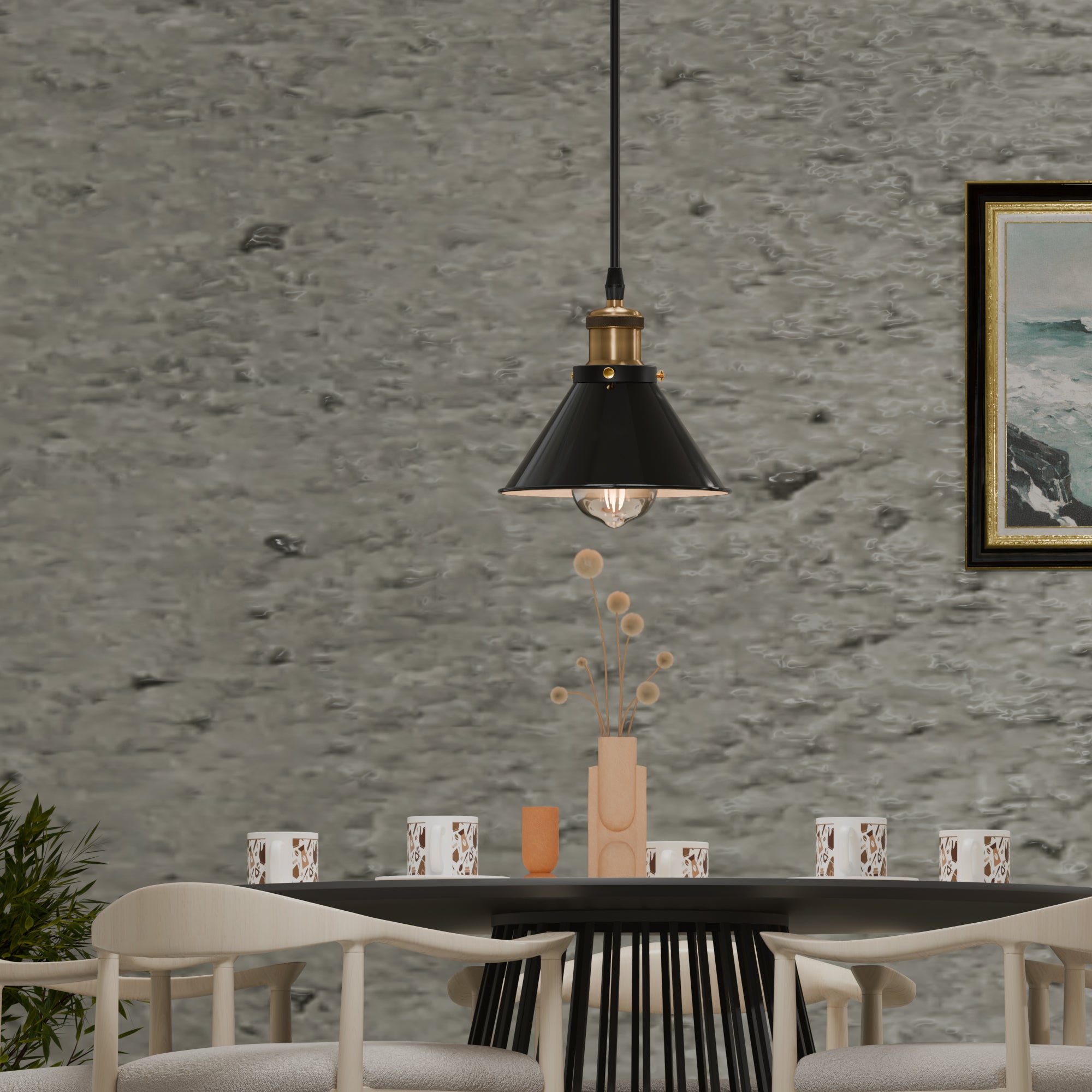 Sleek Black Metal Cone Industrial Pendant Light Fixture, E27 Bulb Compatible Ceiling Lamp