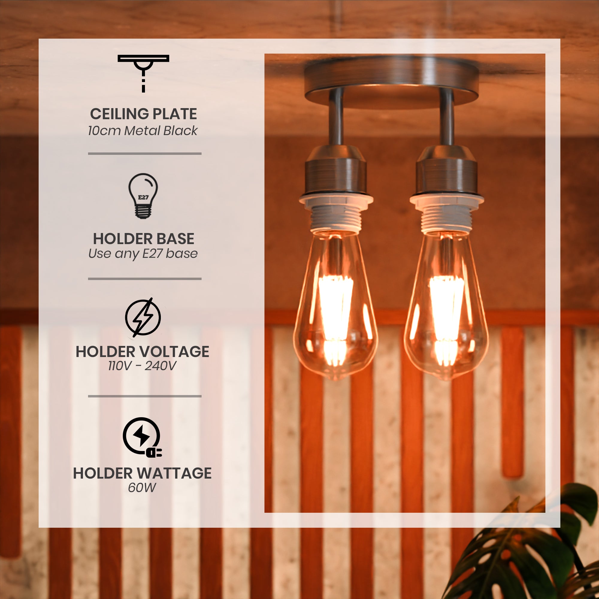 Modern Industrial 2-Way E27 Ceiling Light Fitting with Twin Lamp Holders