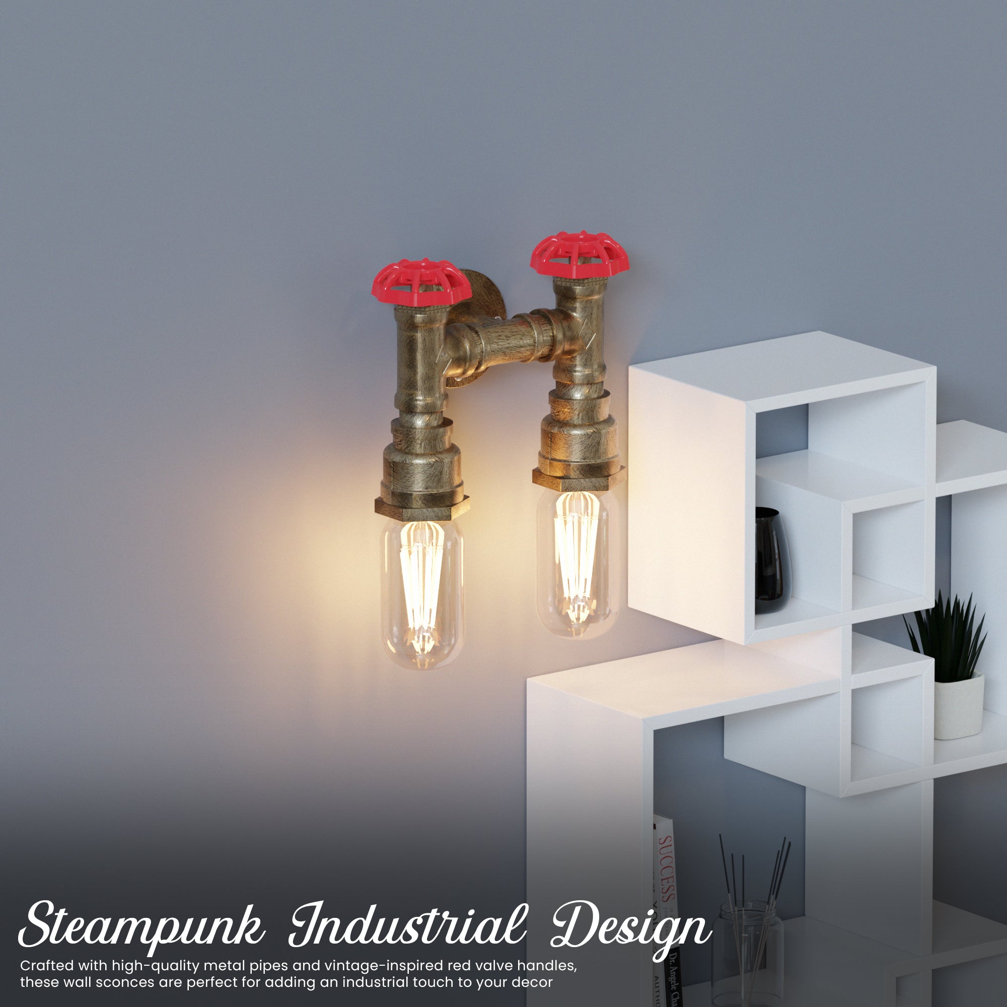 Rustic Industrial Steampunk Twin Metal Water Pipe Wall Light Sconce Fixture