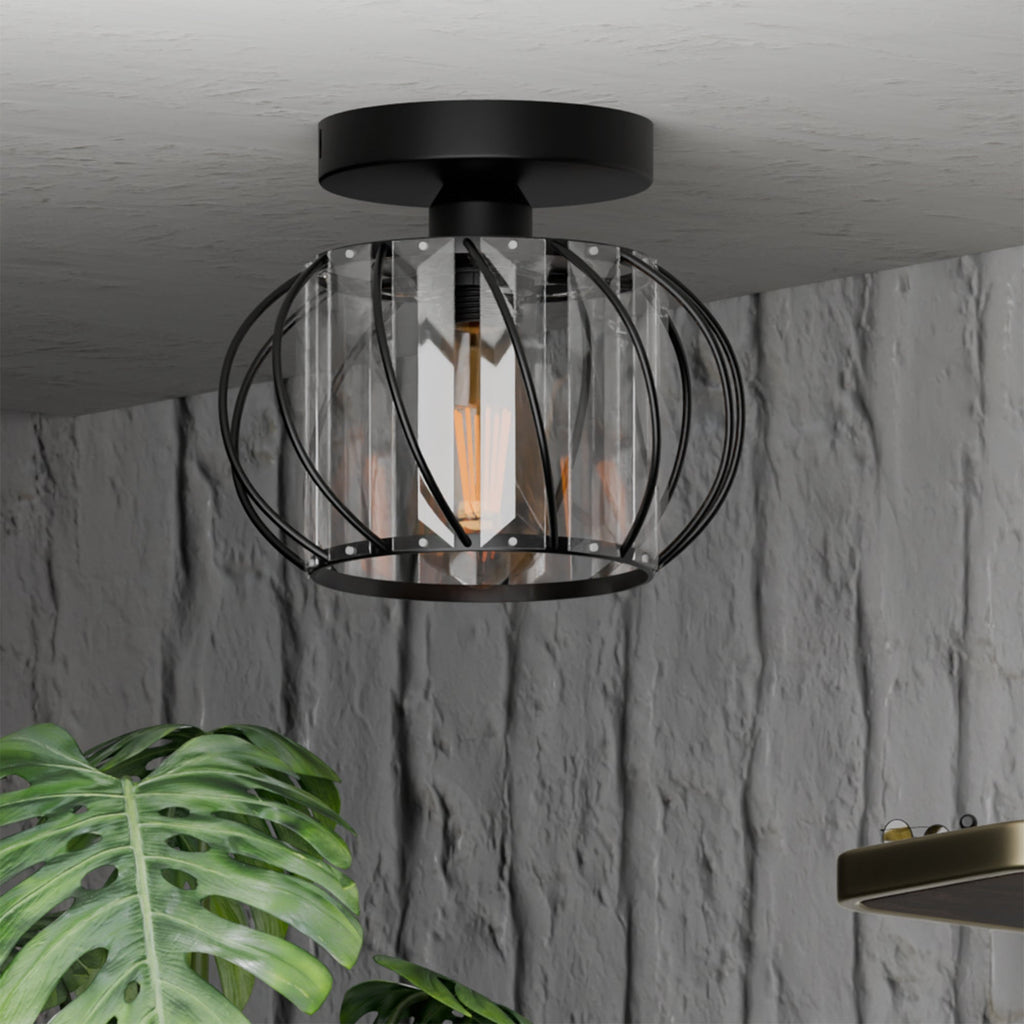 Chic Industrial Modern Metal & Crystal Glass Flush Mount Ceiling Light Fixture