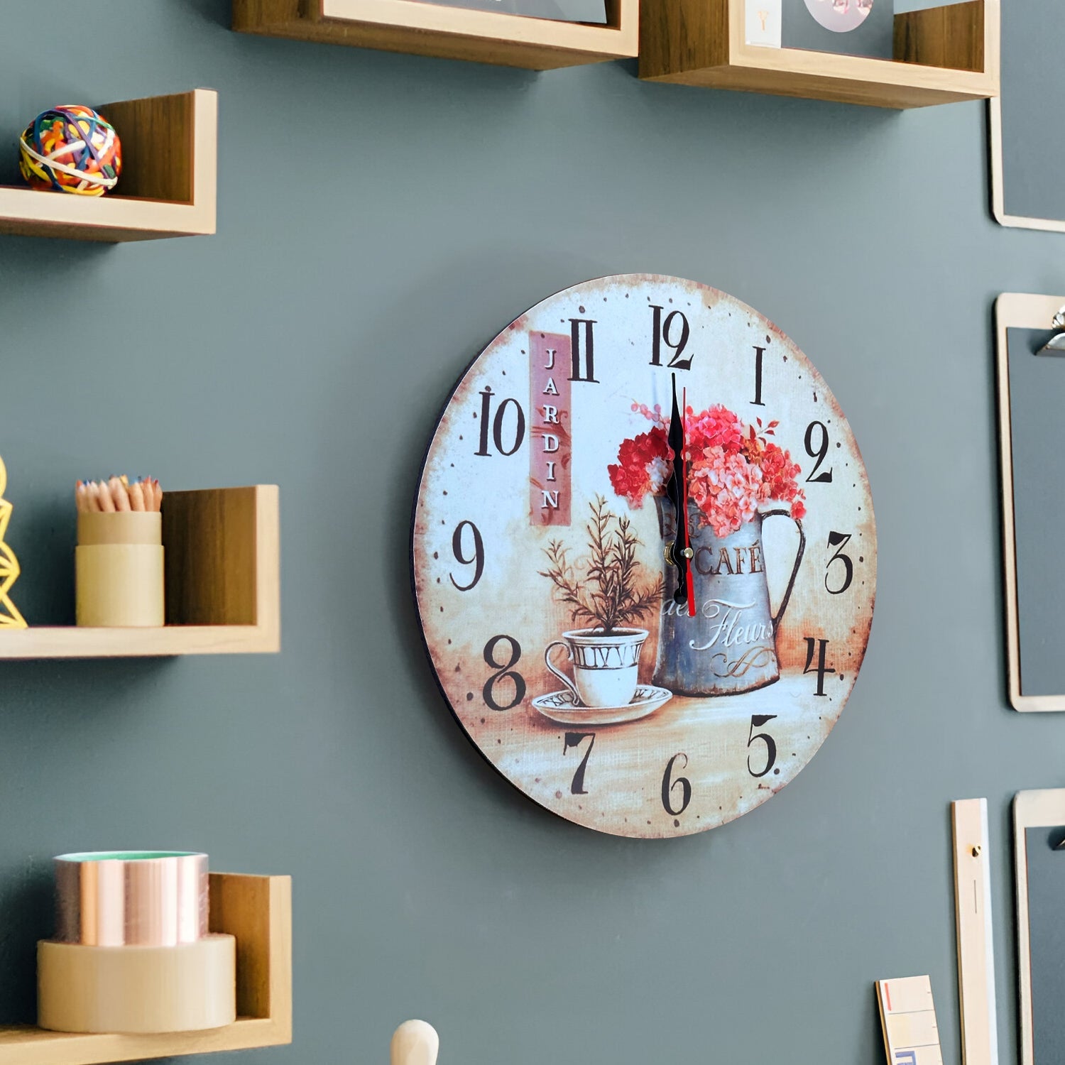Charming Round Cafe Cup Flowers Ticking Shabby Chic Wall Clock for Home Decor