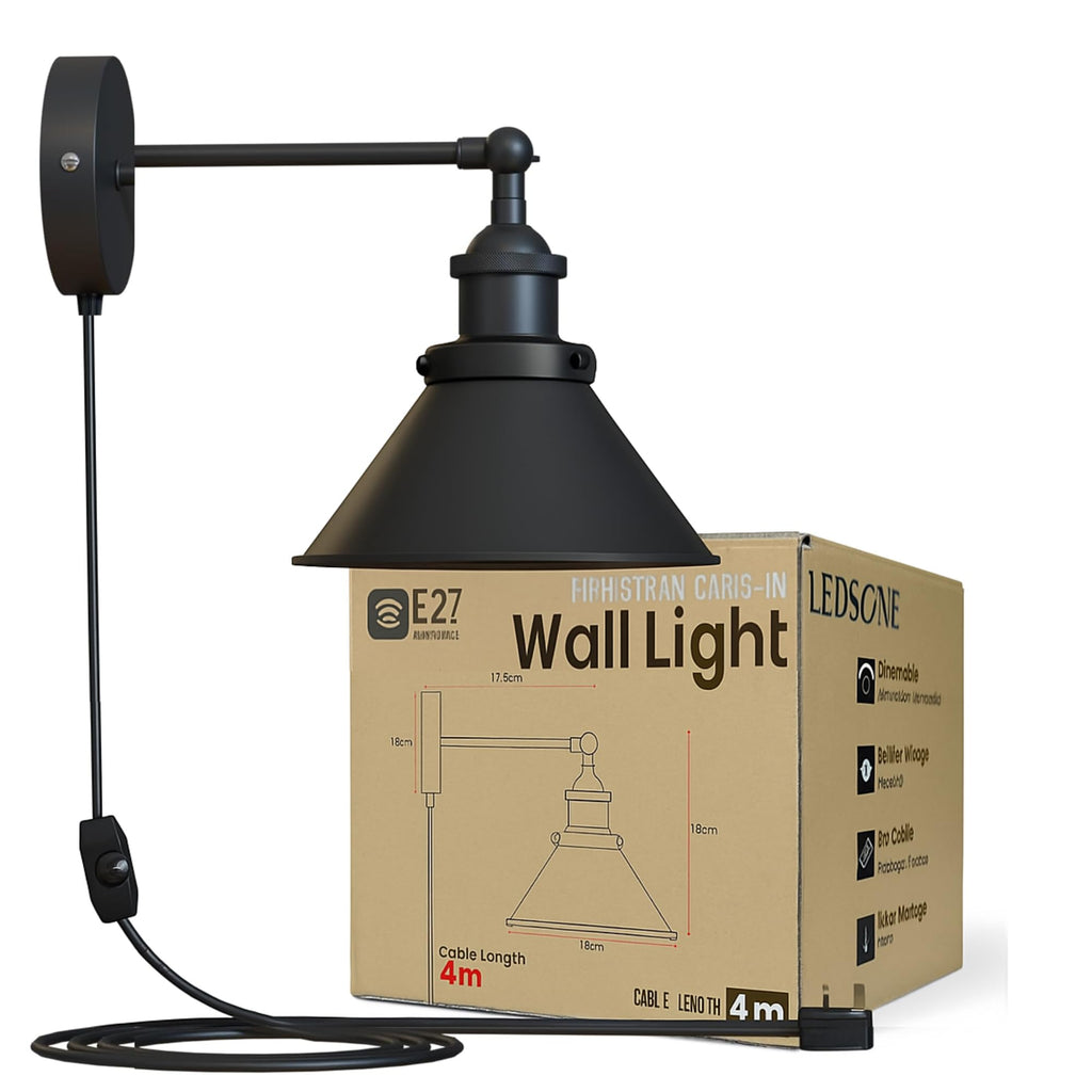 Industrial Black Plug-in Adjustable Metal Wall Sconce with E27 Dimmer Switch