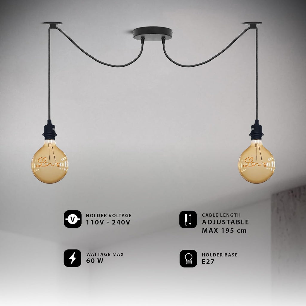 Modern Industrial Black 2-Light Spider Pendant Ceiling Lamp Adjustable Cables E27
