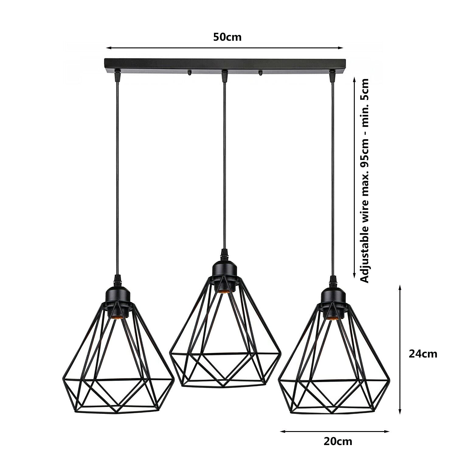 Adjustable Industrial Black Metal 3-Light E27 Dimmable Pendant Ceiling Light